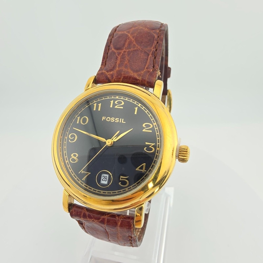 Vtg 1990s FOSSIL Mens Watch ES-8628 Black Dial Date Brown Leather Gold Plate 8"